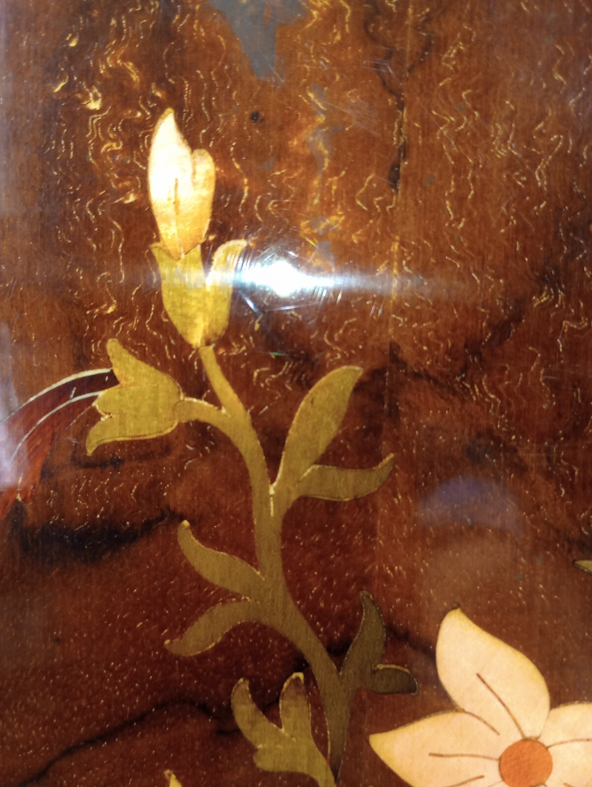 MCM Vintage Marquetry Inlaid Wood Plaque ~ Floral Design 23 In X 11 In