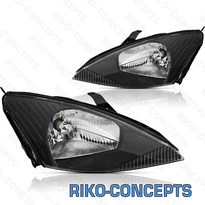 For 2000 2001 2002 2003 2004 Ford Focus Headlights Headlamps Black Clear Pair