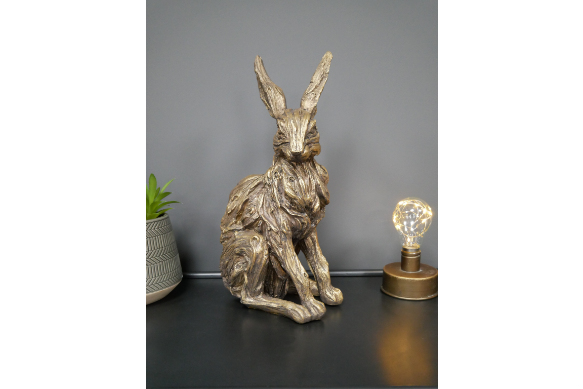 Large Wild Hare Ornament Statue Rabbit Figurine Sculpture Gold Brown