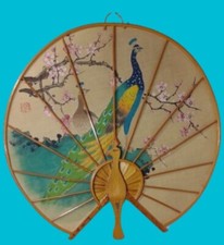 Unique Peacock Cherry Blossom Fan Painted Silk Carved Wood Peacock Handle