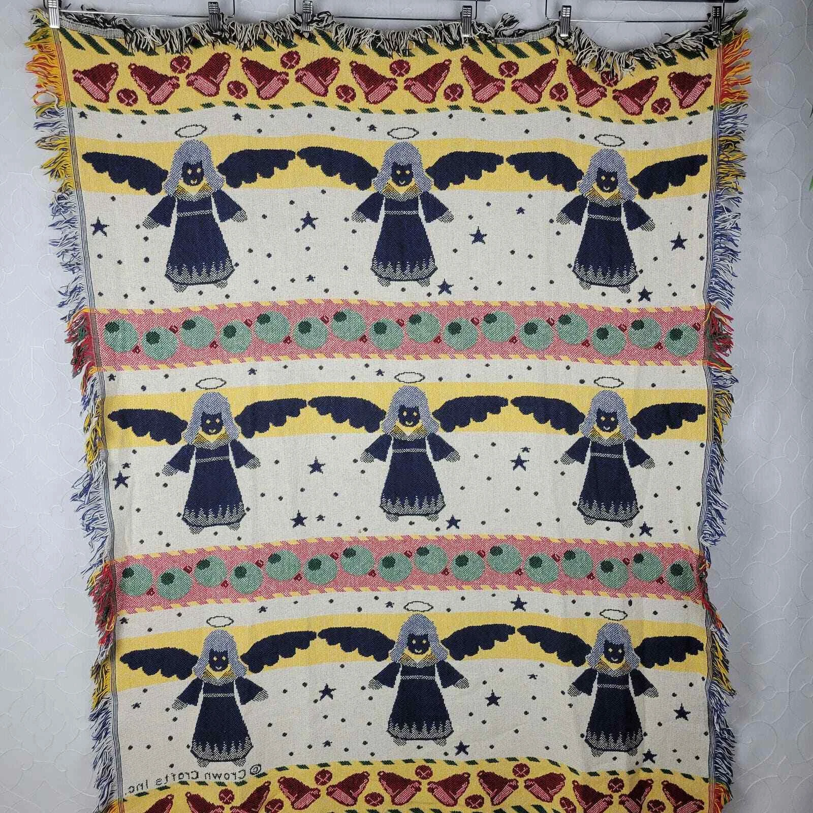 Vintage Crown Crafts Christmas Angel Woven Throw 62 x 50 Fringe Afghan Cotton
