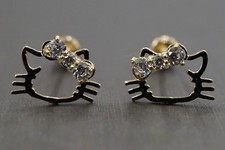 14K Solid Yellow Gold Safery Screw back Cuty Kitty Face Earrings   052642 