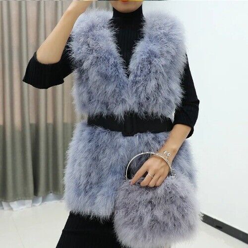 New Real Natural Ostrich Fur Vest Women's Fashion Jacket Gilet 70CM Length - Picture 1 of 33