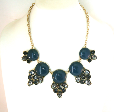 Stony Gold tone dark teal rhinestone crystal statement necklace 19
