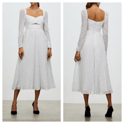 SELF PORTRAIT Flocked white Polka-Dot crinkle Gathered Chiffon Midi Dress US 00