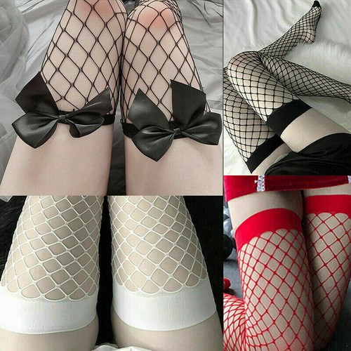 Women Girls Fishnet Stocking Thigh High Sexy Lingerie Socks Hosiery Bow Black - Picture 1 of 55