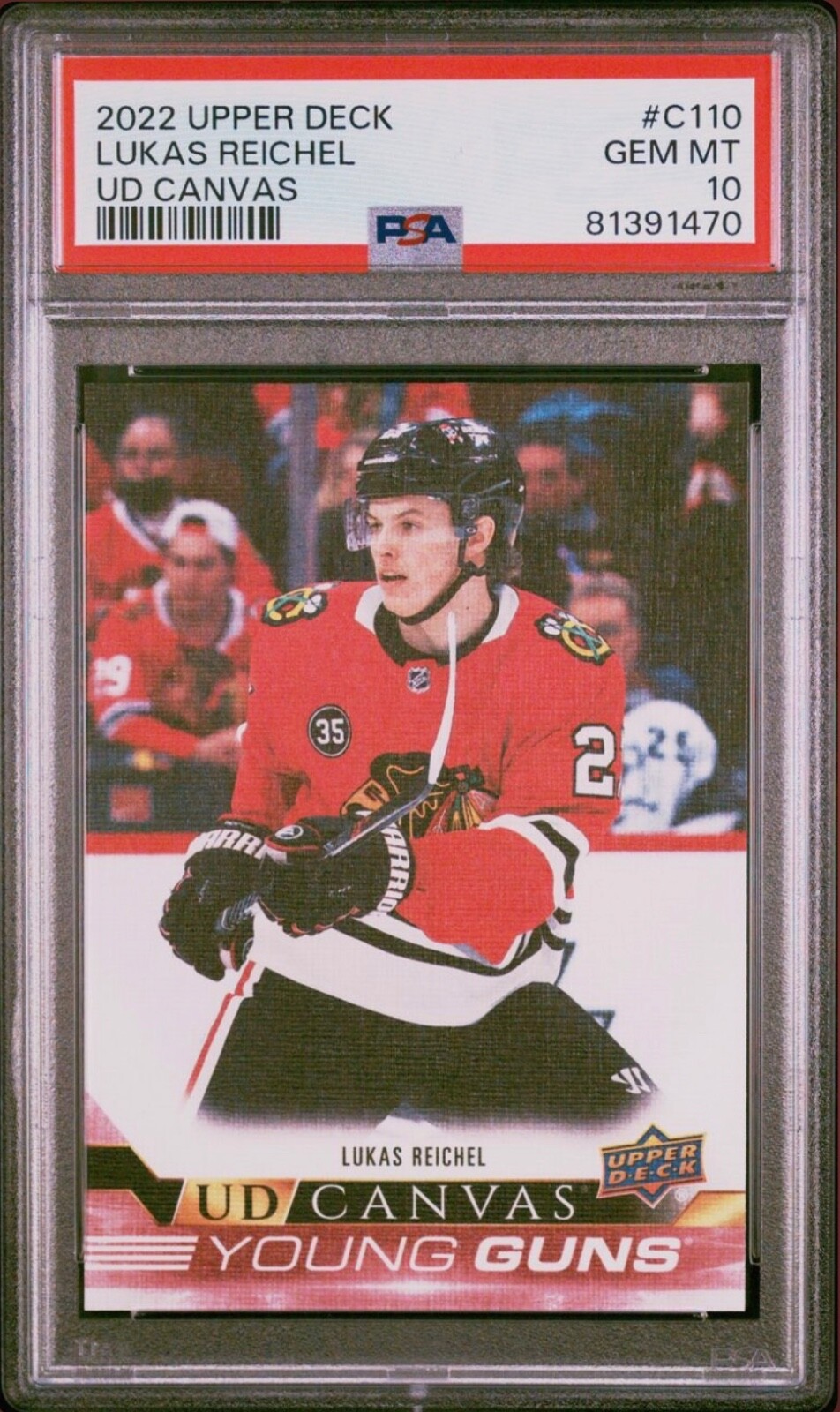 2022-23 Upper Deck Series 1 Hockey Lukas Reichel #C110 Young Guns Canvas PSA 10