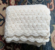 Vintage Handmade Crochet Lap Crib Blanket Throw 33  x 35" Scalloped edges Ivory