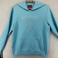 Guess Los Angeles Women L Blue Embroidered Triangle Logo Hoodie Sweatshirt