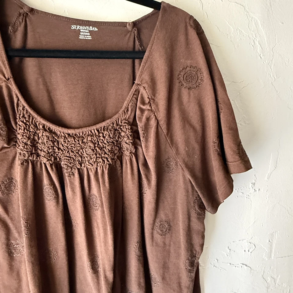 Camisa St Johns Bay 3X Marrón Bordada Cuello Redondo Manga Corta Boho Top Campesino Foto 2 de 4