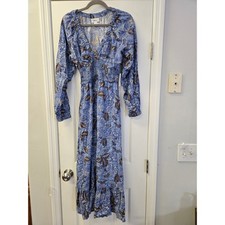 Japna Blue Floral Smocked Waist V-Neck Maxi Dress Long Sleeve Boho  XS NEW