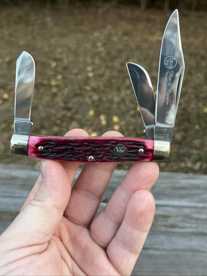 CUCHILLO GALLINA Y GALLO 433-RWJ CON ASAS DE HUESO GRANATE/PÚRPURA NUEVO EN CAJA Alemania Foto 3 de 4