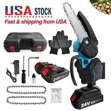 6" 24V Electric Mini Chainsaw Handheld Cordless Wood Cutter w/2 Battery 2xChain