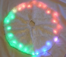 New White XMas Tree Skirt Plush Faux Fur With Patterns USB Color Lights LED 26"