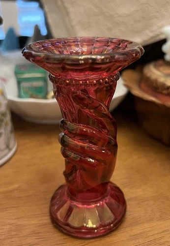 LE Smith? Fenton? Liberty Torch Hand Bud Vase Red Vintage