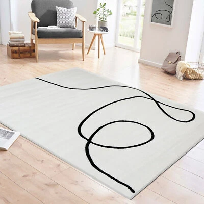 Moderner One-Line Wohnzimmer Teppich in Creme/Schwarz Kunstdesign Kurzflor - Bild 1 von 4