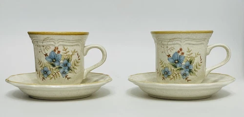 (2) Coffee Mug Cups & Saucers, Mikasa Garden Club Day Dreams EC 461 blue flowers