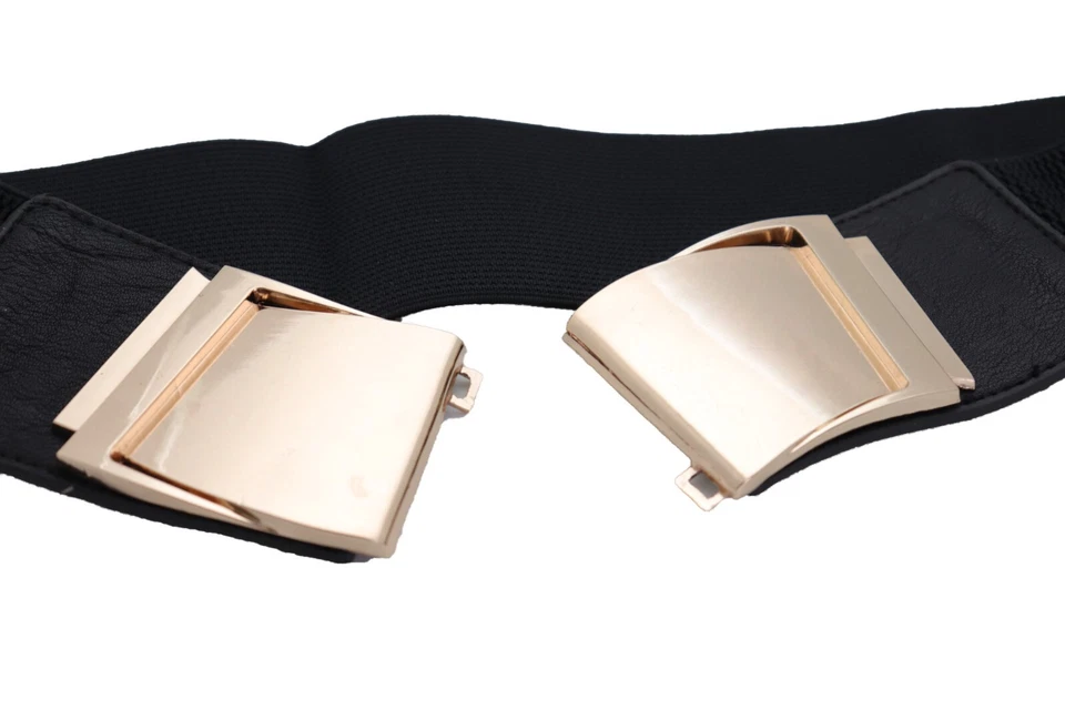 Mujeres Negro Elástico Vacaciones Fiesta Moda Cinturón Dorado Metal Onda Hebilla Talla S M Foto 3 de 4