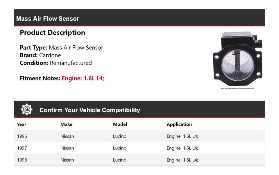Sensor de flujo de aire de masa Cardone 1997 para Nissan Lucino 1996-1998 1,6 L L4 Foto 2 de 4