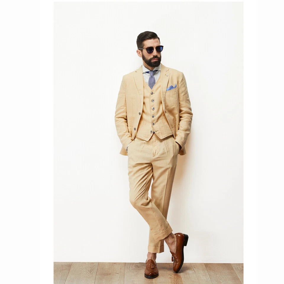 Linen Men's Suits 3 Pieces Leisure Peak Lapel Summer Wedding Tailored Tuxedos - Image 3 of 4