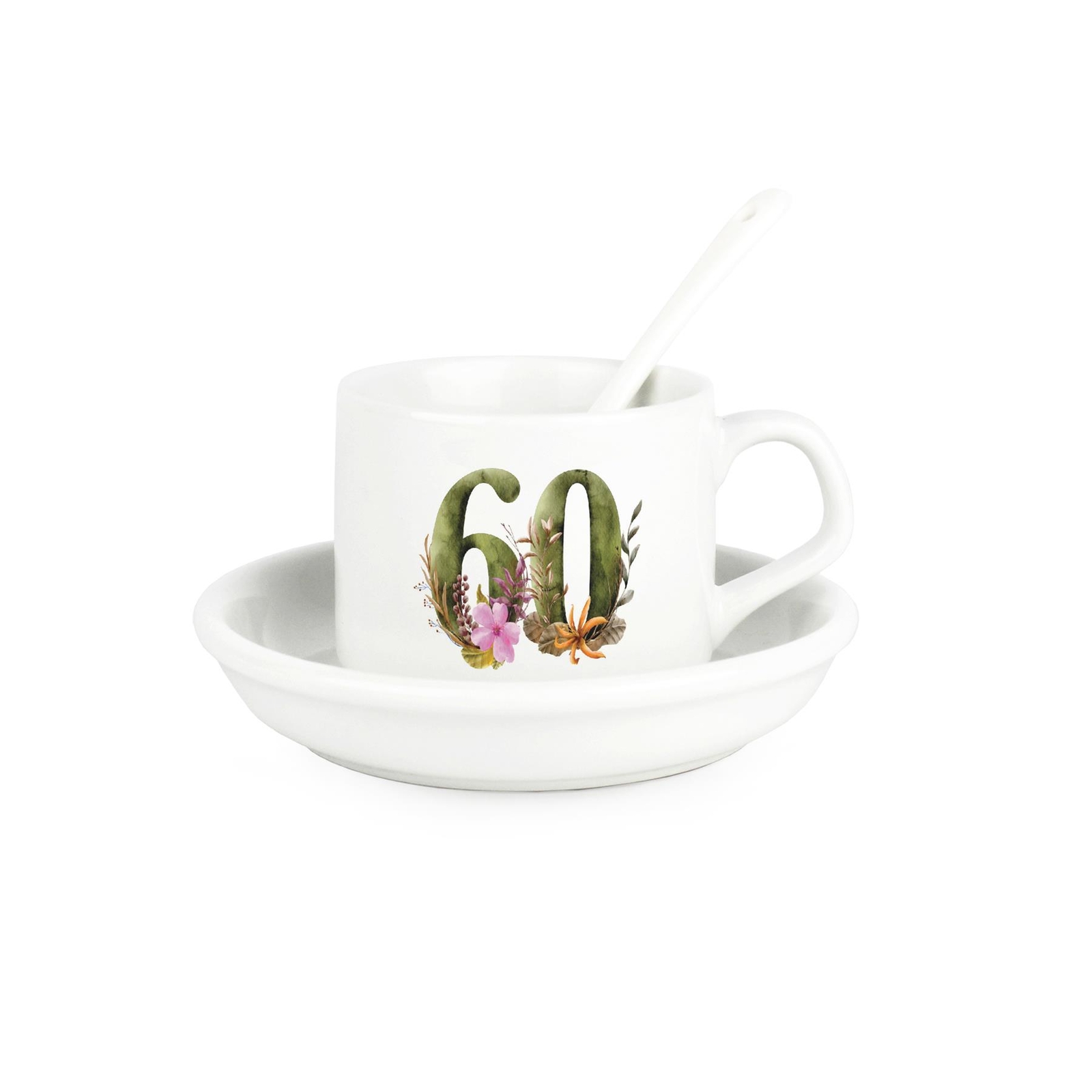 Floral Age 60 Cup & Saucer Set with Spoon - 60th Birthday Milestone Gifts