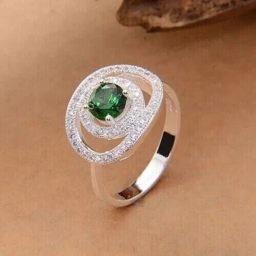 3Ct Round Cut Simulated Emerald Women's Cluster Halo Ring 14k White Gold Plated