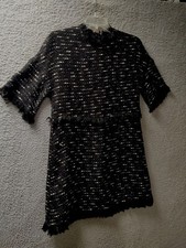 Zara Womans Sweater Dress Small Black White Short Sleeve Textured Fringe NWT