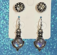 Vintage Moon Stone Antiqued Silver Dangle Earrings & Cubic Zirconia Stud Set
