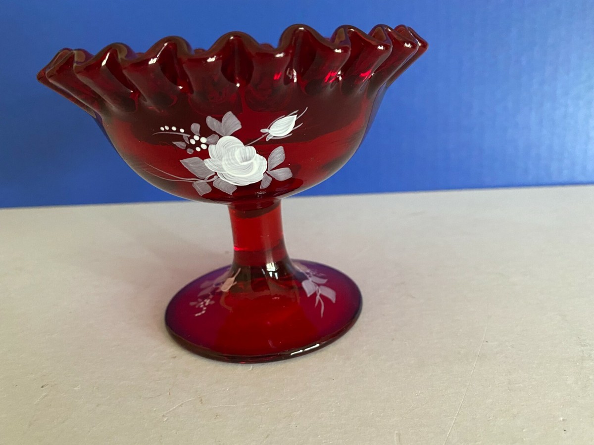 【美品】 Floatia Designs Ruby (FETD-05) Fenton Ruby Red Glass Square Candy Dish w/Lid Grapes