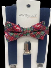 Baby Newborn Boy Suspenders & Bow Tie Set 0-3M Blue Red Plaid Reindeer Christmas