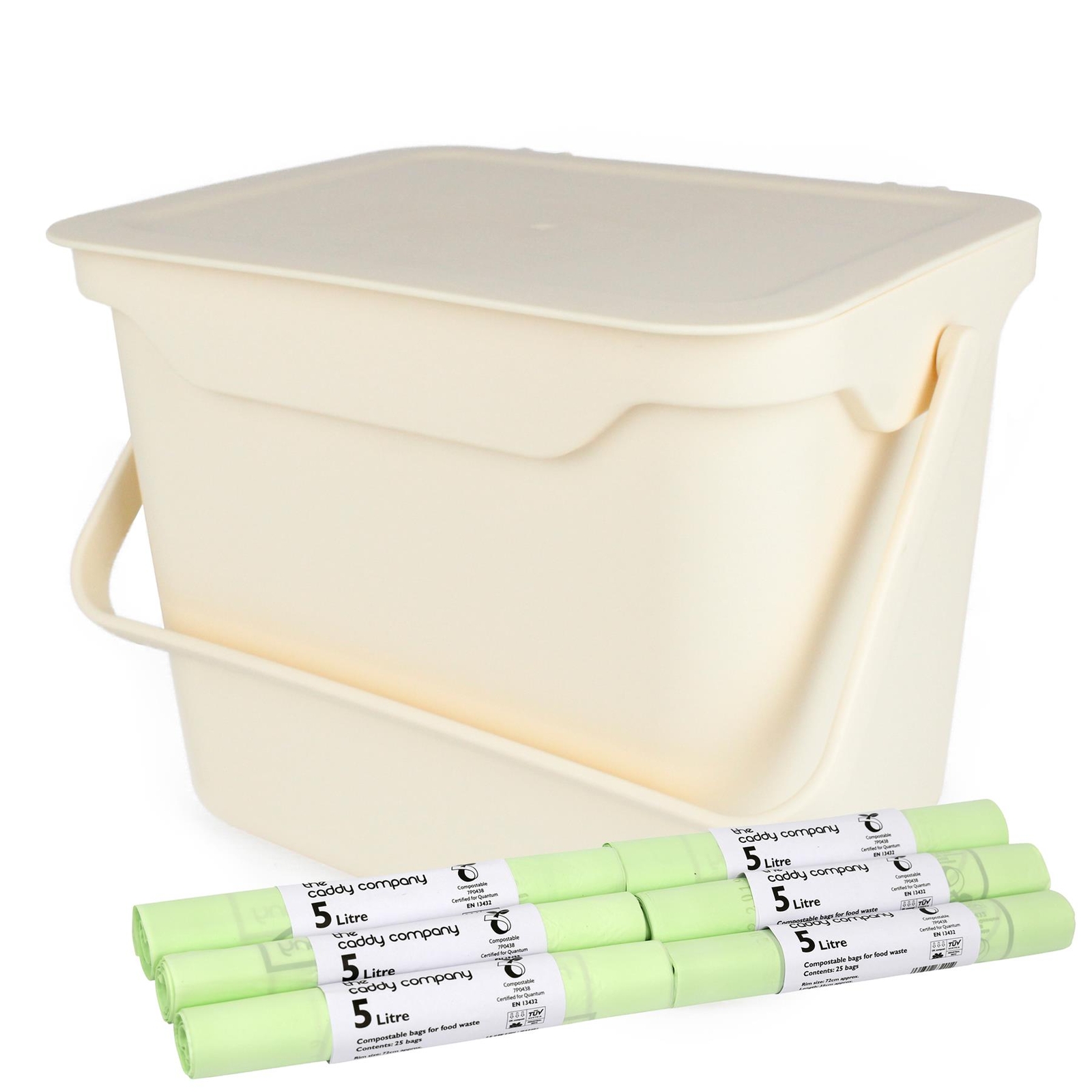 5L Cream Kitchen Compost Caddy/Food Waste Bin & 150 x 5 Litre Compostable Bags