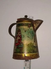 Tin Lithograph Tea Pot with Lid, Very Early Tin Toy Made In USA Antique Boy Girl