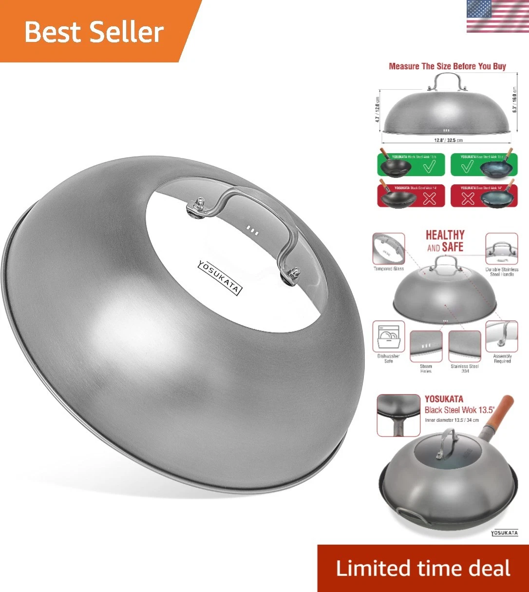 Wok Lid 12.8 In for 13.5-In Wok - Stainless Steel Cover with Tempered Glass ...