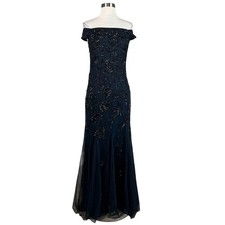 Adrianna Papell Women's Formal Dress Size 6 Blue Beaded Off the Shoulder Gown