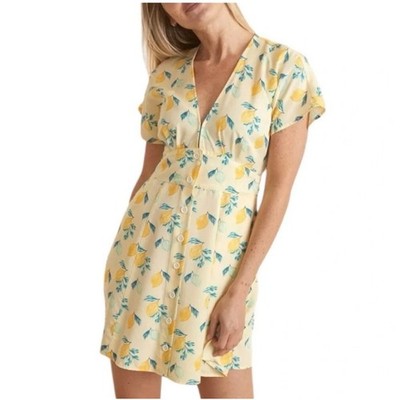 Marine Layer Camilla Yellow Lemon Print Button Front Dress V-Neck Tie Back Large