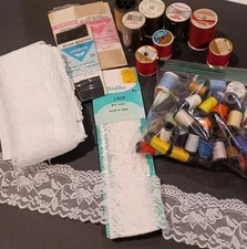 Vtg Sewing Lot Assorted Colors Thread Lace White Elastic Lace Seam Binding 