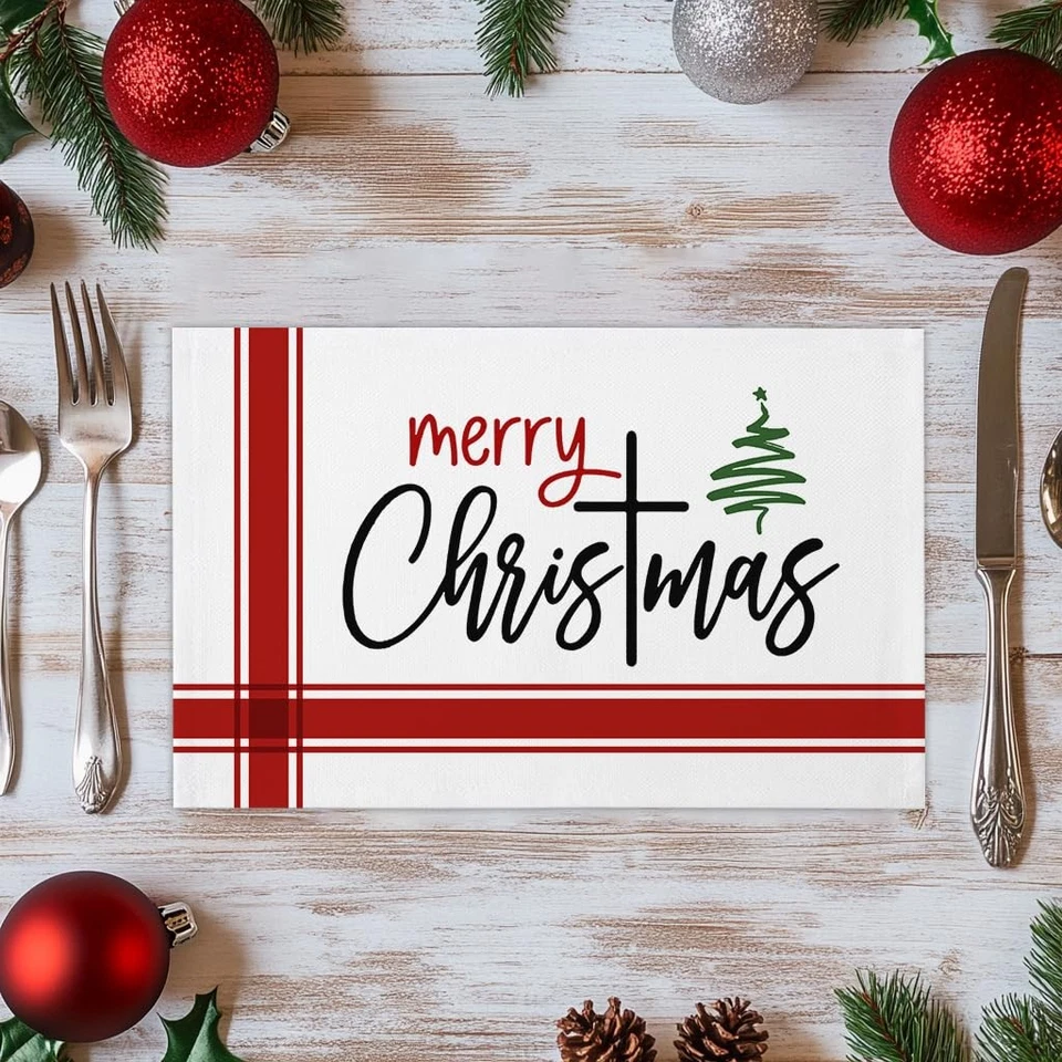 Christmas Red Stripe Placemats Set of 4 Xmas Tree Place Mats for Dining Table... - Image 2 of 4