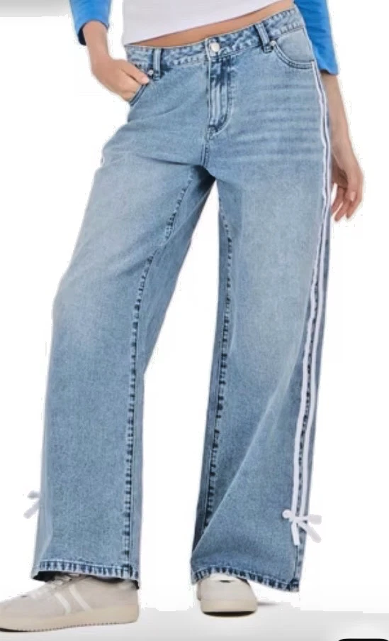 Pantalones de mezclilla holgados de tiro bajo Y2K lavado largo Forever 21 para mujer nuevos con etiquetas, lazo a rayas laterales talla 8