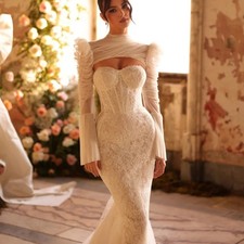 Pleated Shiny Lace Wedding Dress Mermaid Long Bridal Gown Romantic Strapless