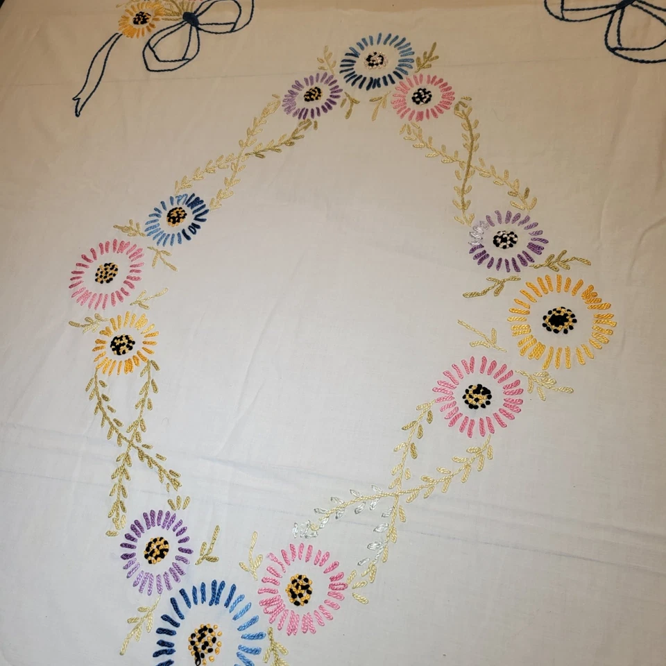 Vintage Handmade Bedspread Embroidered Flowers 72x80 Fringe Edges Floral Retro - Image 3 of 4
