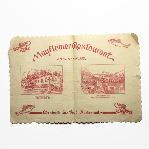 Vintage Mayflower Seafood Restaurant Paper Placemat Souvenir - Aberdeen Maryland