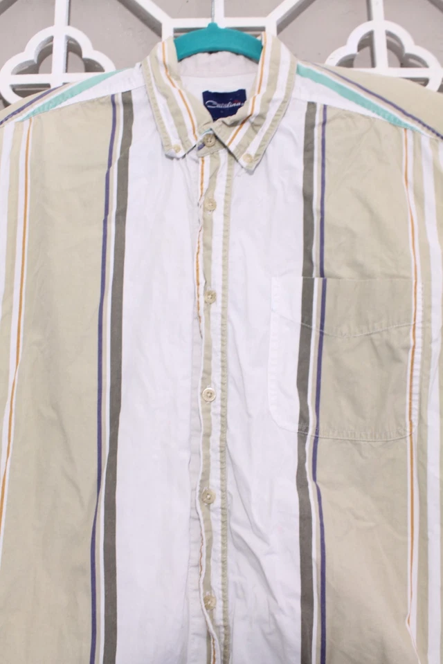 Camisa Catalina Abotonada Para Hombres L Blanco Dorado Rayas Informal Bolos Algodón Hombres Foto 3 de 4