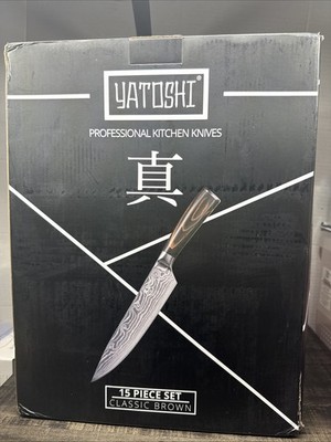 Yatoshi Professional Kitchen Knives 15- Piece Set- Classic Brown- New