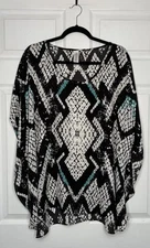 Pure Energy Womens 2X Black White Geometric Print Blouse Lagenlook Boho Western