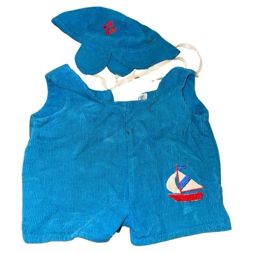 Vintage Cabbage Patch Kids Doll 2 Piece Blue Sailboat Corduroy Overalls & Hat