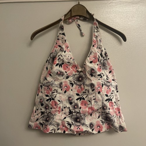 SIZE 16 - Pink & White PILOT - Floral Stretch Crop Halter Top Bow Y2K 00s Summer - Picture 2 of 9