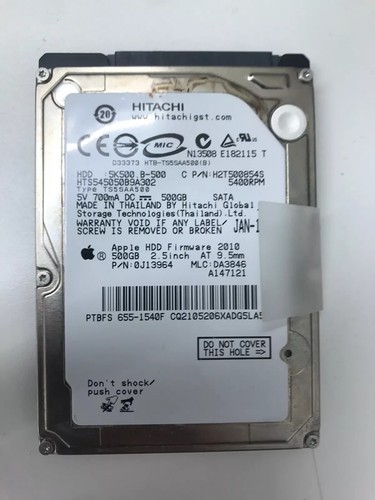 Hitachi HTS545050B9A302 PN:0J13964 MLC:DA3846 Apple#655-1540F 500gb Sata HDD mac