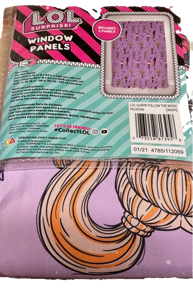 LOL Surprise Follow The Music Window Panels Curtains Drapes Pair = 82"Wx63"L New - Image 3 of 4