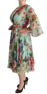 Dolce Gabbana Green Floral Long Sleeves V-Neck Midi Dress Dolce Gabbana Green Floral Long Sleeves V-Neck Midi Dress