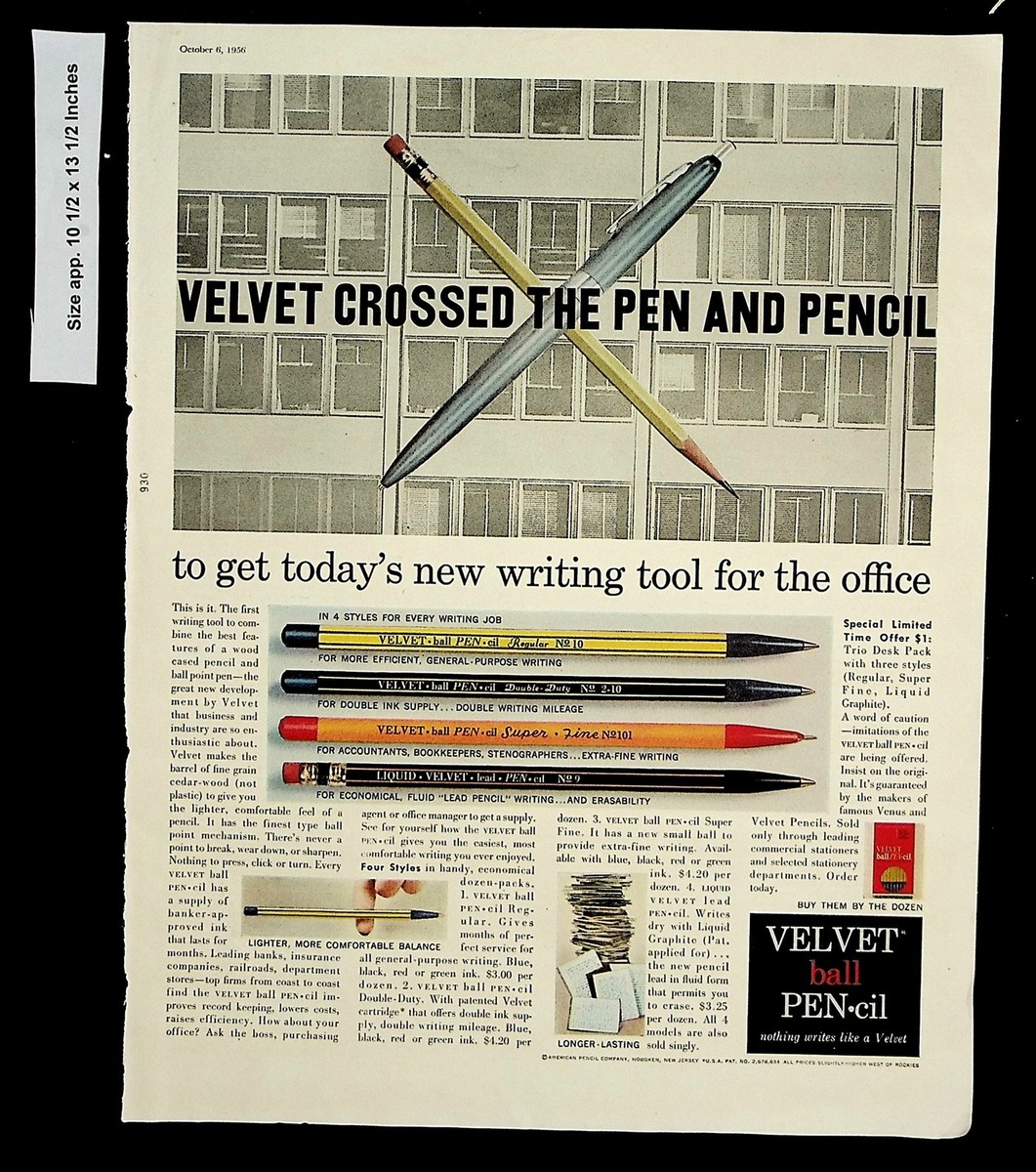 1956 Velcet Ball Pen-cil Crossed Pen and Pencil Vintage Print Ad 